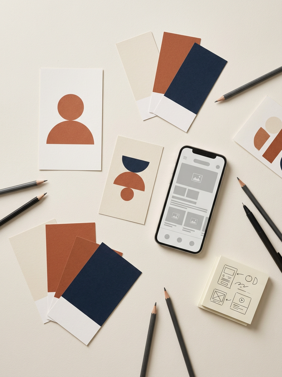 Overhead flat-lay of brand colour swatches, geometric mockups, an app wireframe on a phone and pencils