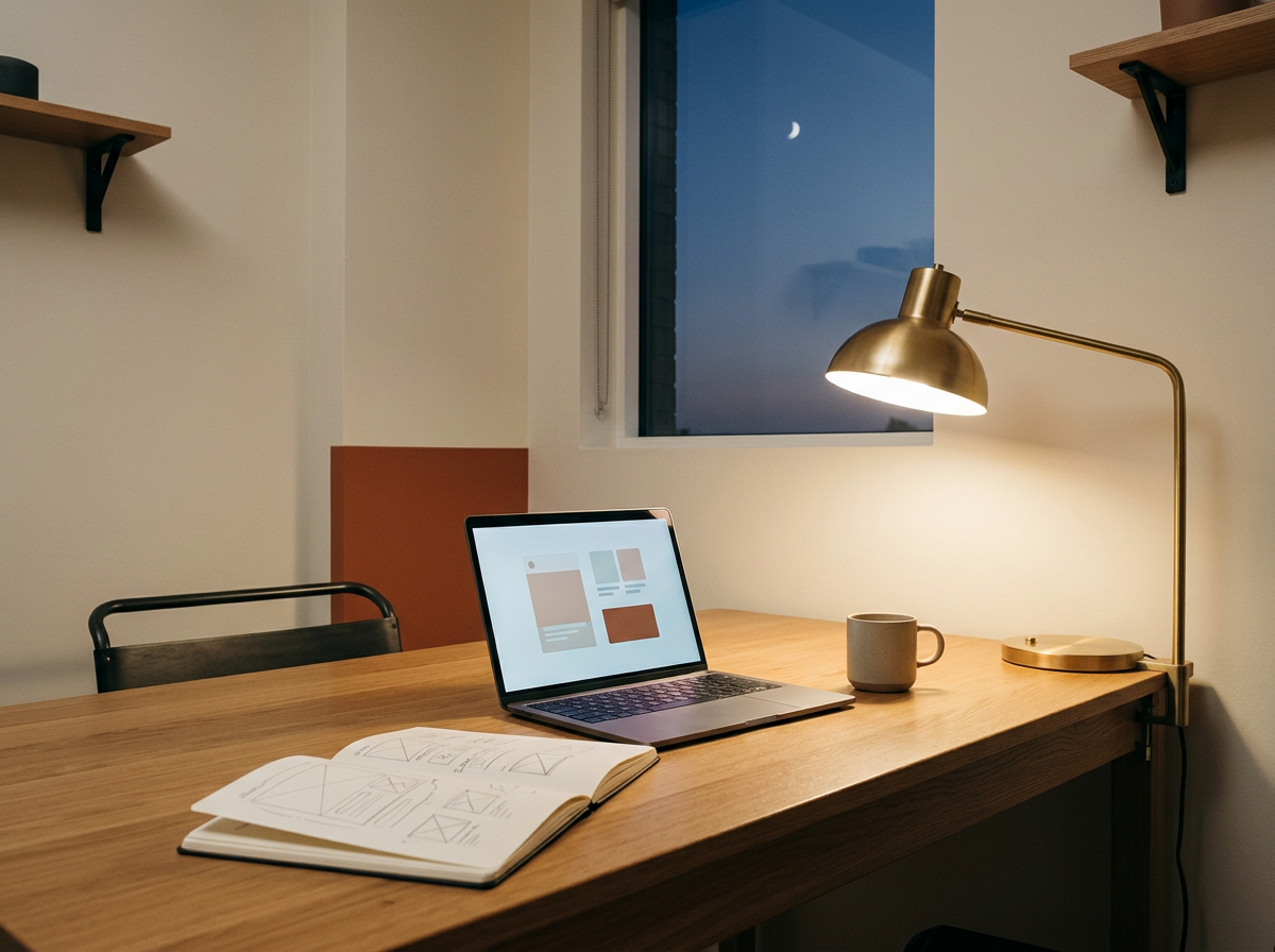 Minimal design studio desk at dusk with laptop, sketchbook and brass lamp beneath a crescent moon