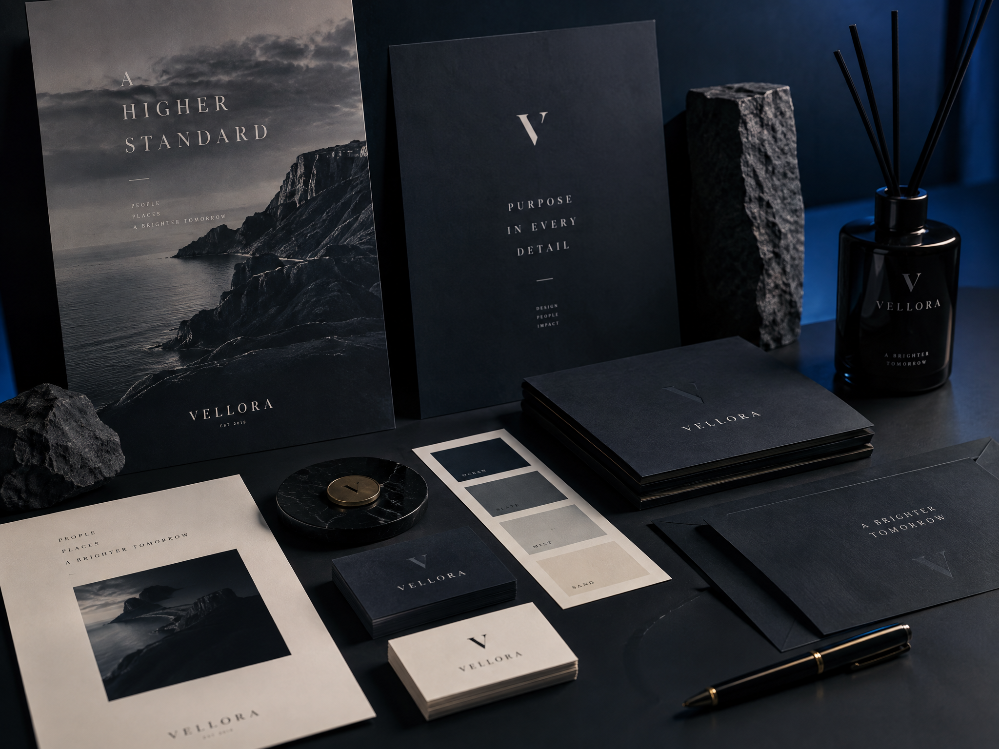 Brand identity materials including logos, cards and print assets