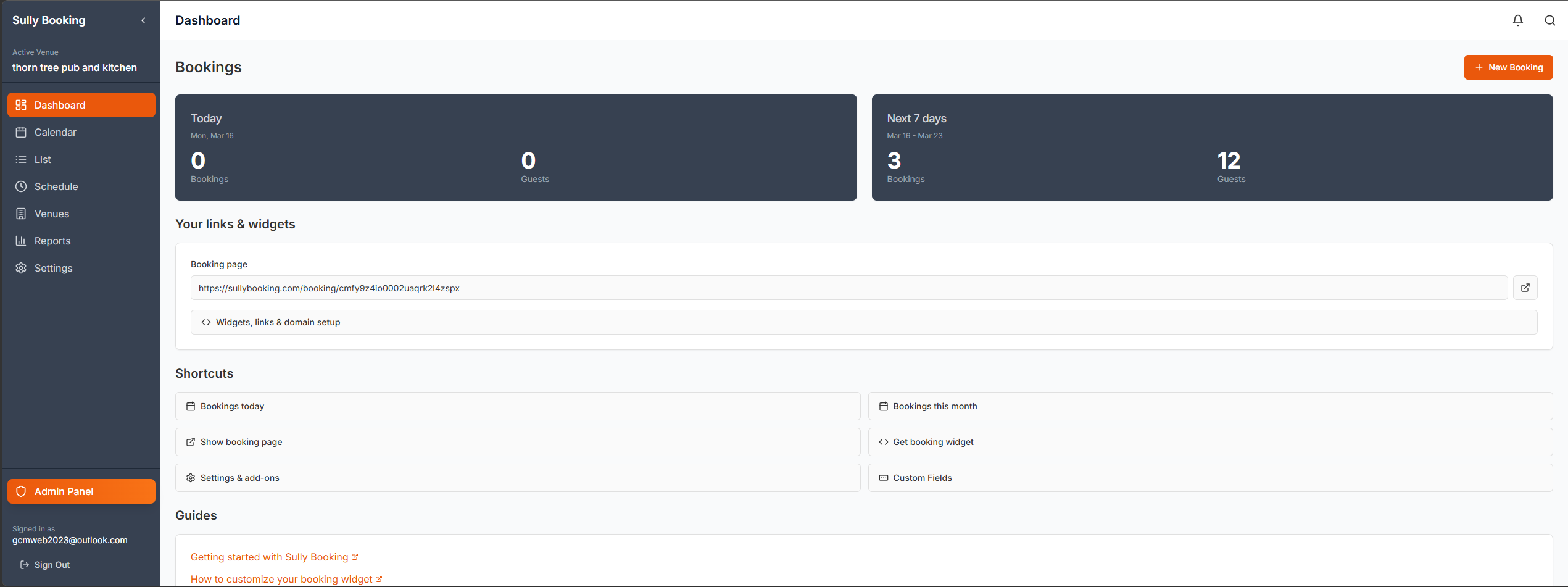 Sully Booking dashboard showing today and next 7 days booking stats, booking page link and shortcuts