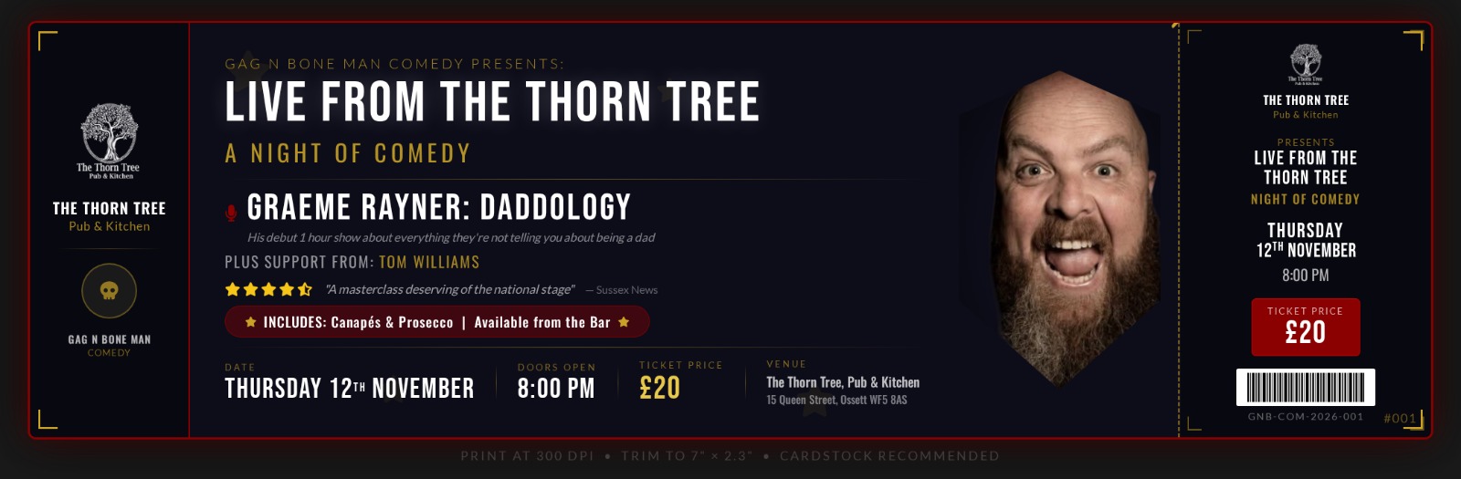 Live From The Thorn Tree comedy night ticket featuring Graeme Rayner: Daddology, with tear-off stub and barcode